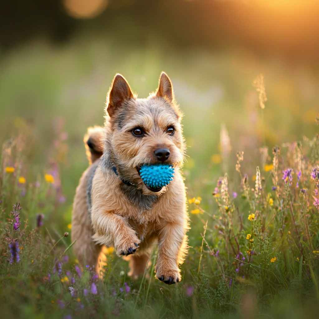 Norwich Terrier 7 Norwich Terrier jugando con un juguete en un prado al atardecer.