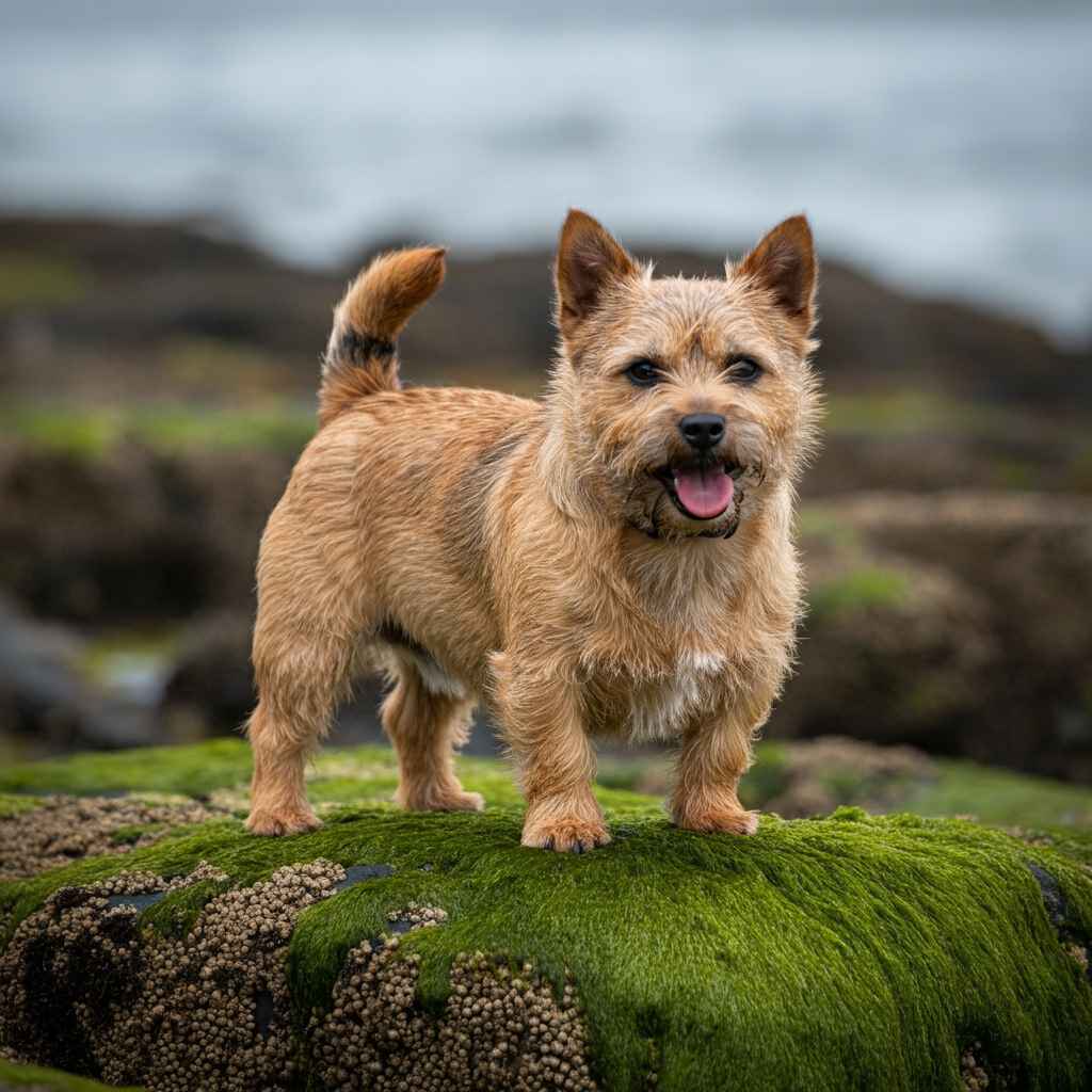 Norwich Terrier 1 Norwich Terrier de pie sobre una roca cubierta de musgo junto al mar.