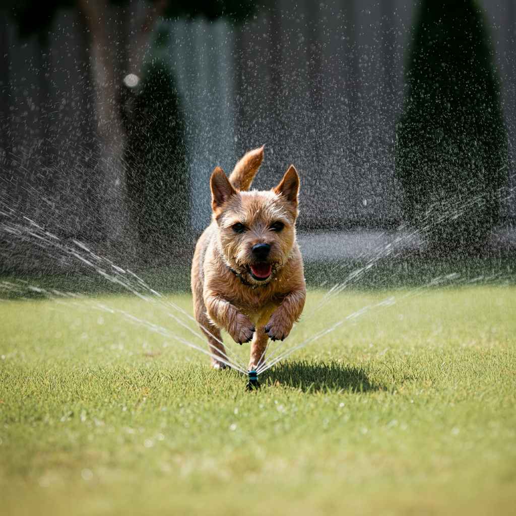 Norwich Terrier 6 Norwich Terrier jugando bajo un rociador de agua en el césped.