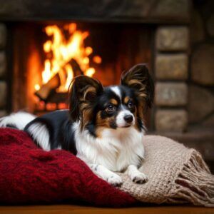 Papillon descansando frente a una chimenea encendida, sobre una manta roja.