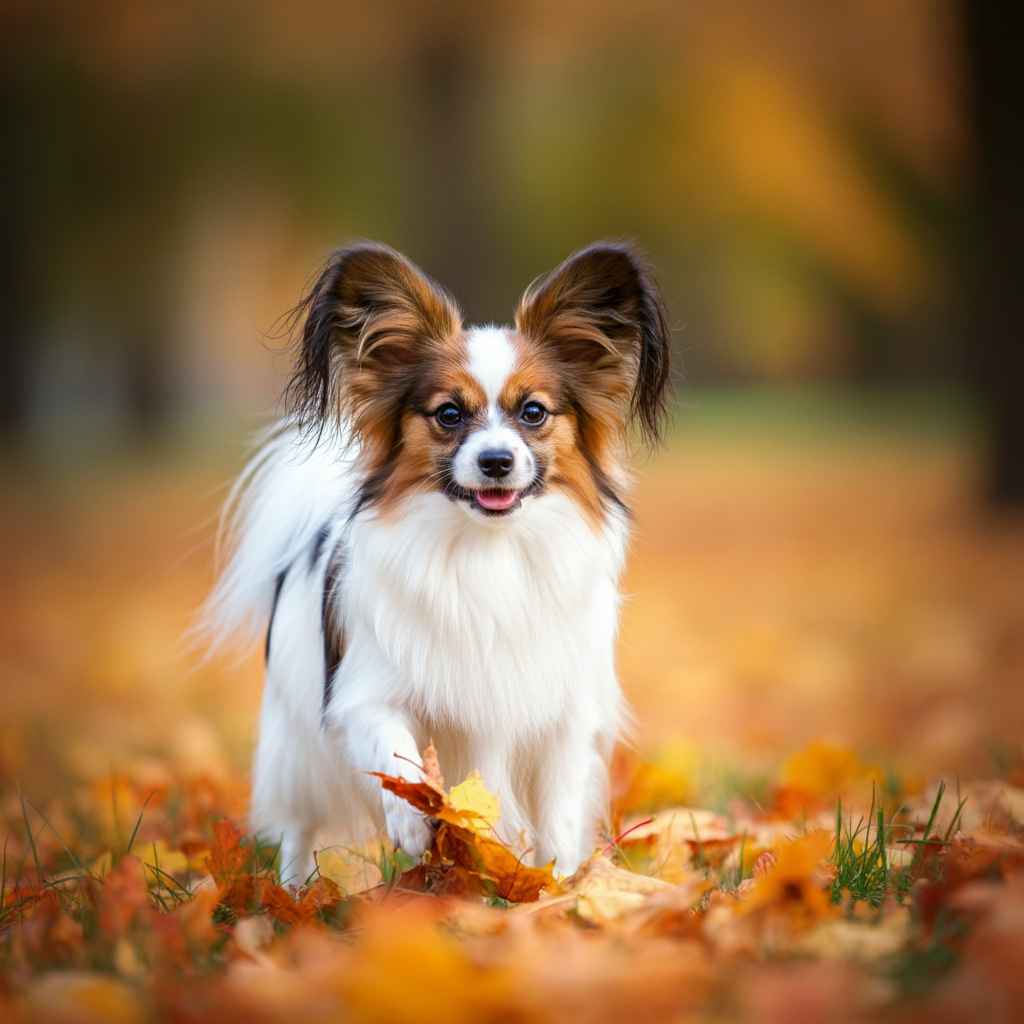 Papillon caminando entre hojas caídas de otoño.