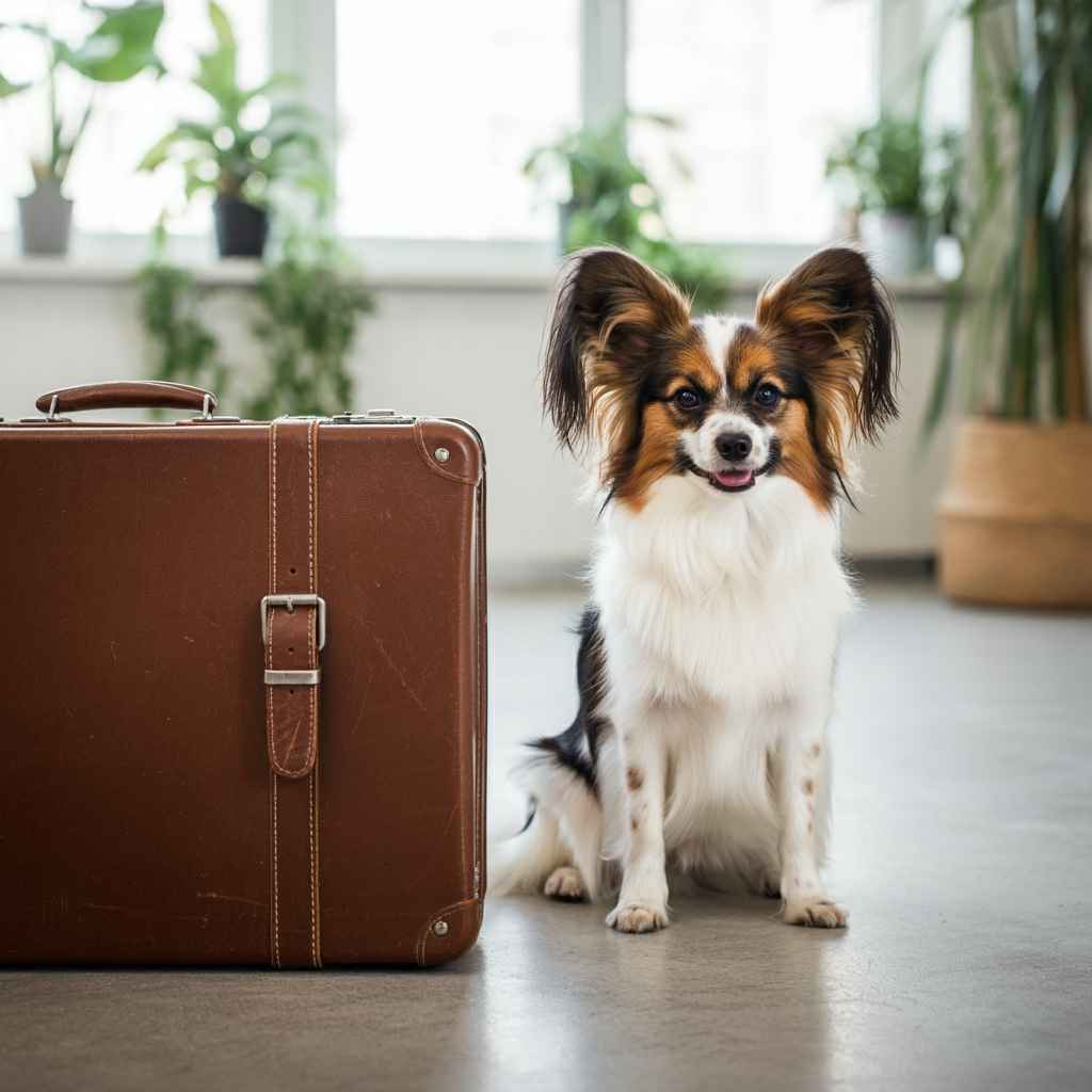 Papillon sentado junto a una maleta marrón en un espacio interior.