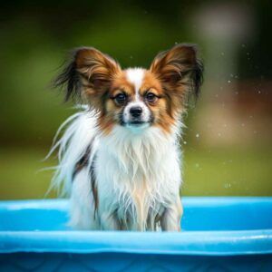 Papillon mojado en una piscina azul al aire libre.