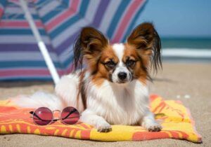 Papillon descansando en la playa bajo un paraguas de colores con gafas de sol.