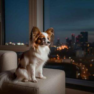 Papillon sentado frente a una ventana con la vista de una ciudad iluminada por la noche