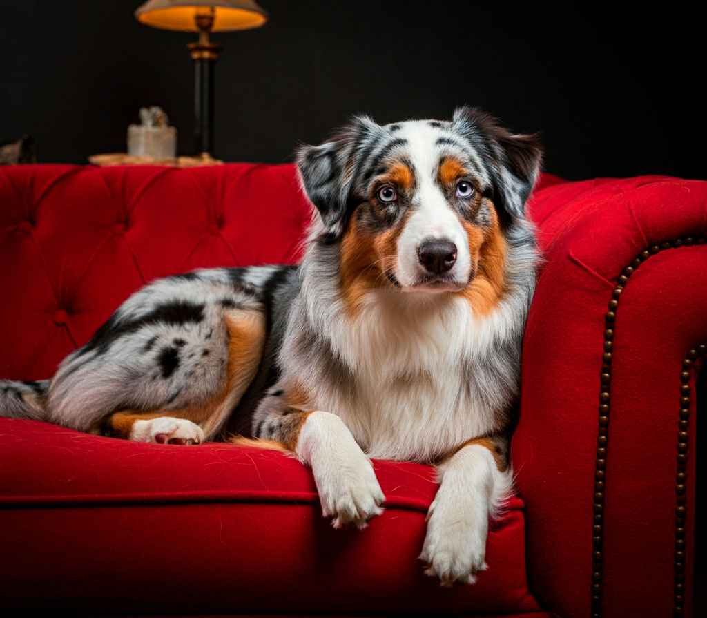Pastor australiano descansando en un sofá rojo