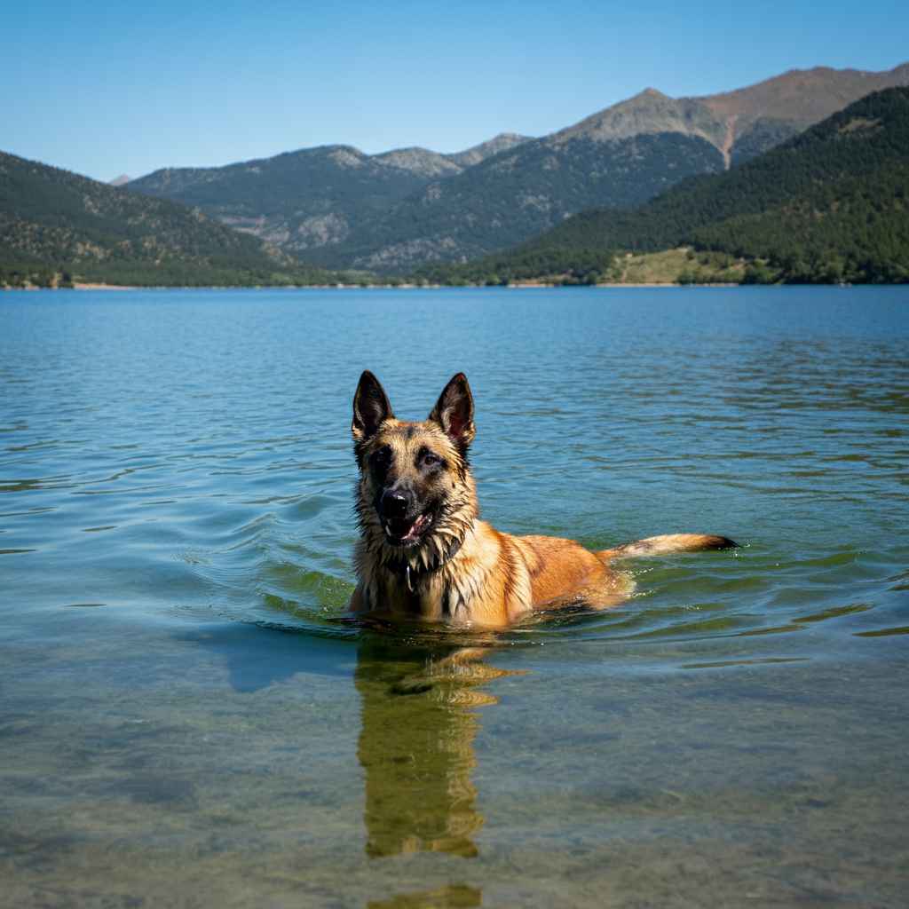 Pastor Belga Malinois nadando en un lago de montaña.