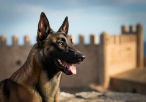 Primer plano de la cabeza de un Pastor Belga Malinois frente a un castillo.