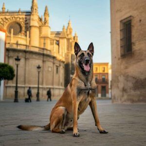 Pastor Belga Malinois sentado frente a un edificio histórico en la ciudad.