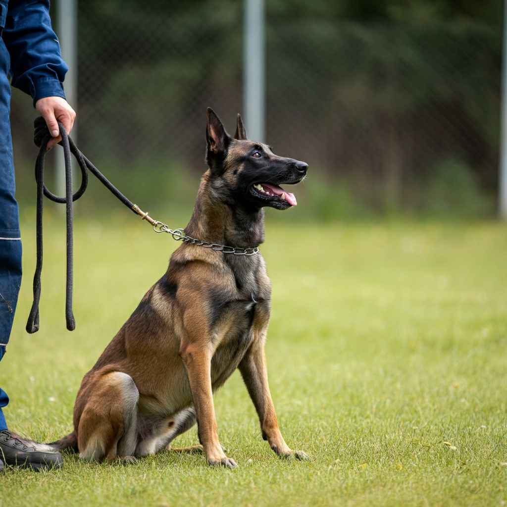 Pastor Belga Malinois sentado al lado de su entrenador.
