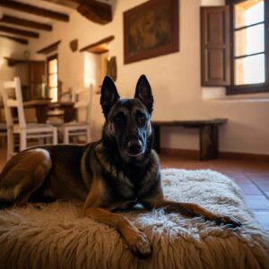 Pastor Belga Malinois descansando en una alfombra dentro de una casa rústica.