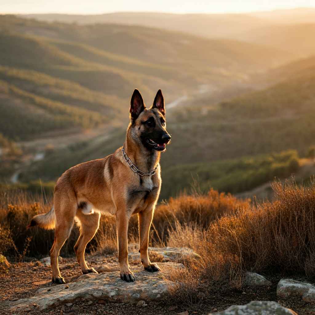 Pastor Belga Malinois de pie sobre una roca en las montañas al atardecer.