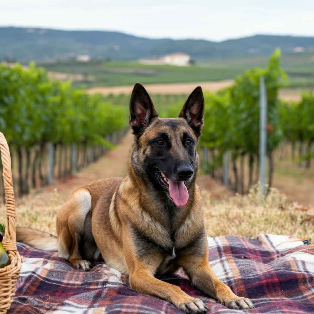 Pastor Belga Malinois tumbado en un viñedo sobre una manta.