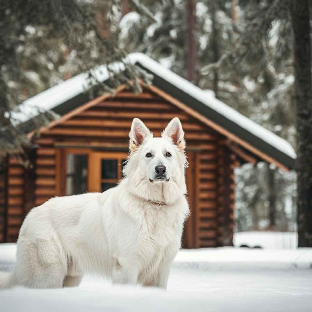 Pastor Blanco Suizo 9 Pastor blanco suizo frente a una cabaña de madera en la nieve.