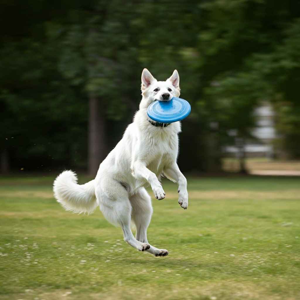 Pastor Blanco Suizo 7 Pastor blanco suizo atrapando un frisbee en el aire.