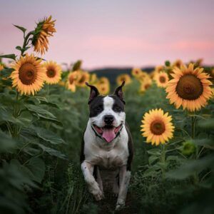 Staffordshire Terrier americano 11 American Staffordshire Terrier corriendo entre girasoles.