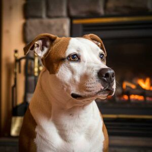 Staffordshire Terrier americano 4 American Staffordshire Terrier sentado frente a una chimenea.