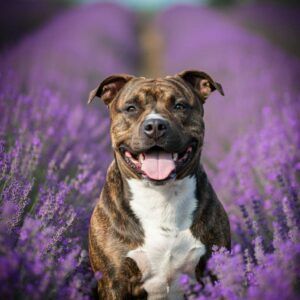 Staffordshire Terrier americano 5 American Staffordshire Terrier en un campo de lavanda.