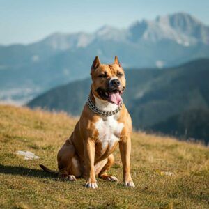 Staffordshire Terrier americano 2 American Staffordshire Terrier posando en la montaña.