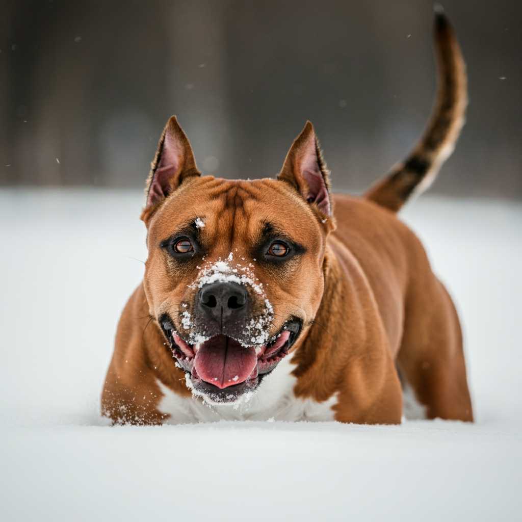 Staffordshire Terrier americano 6 American Staffordshire Terrier jugando en la nieve.