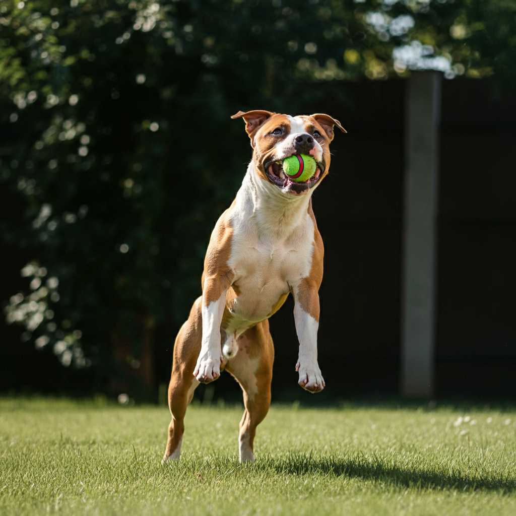 Staffordshire Terrier americano 7 American Staffordshire Terrier saltando con una pelota en la boca.