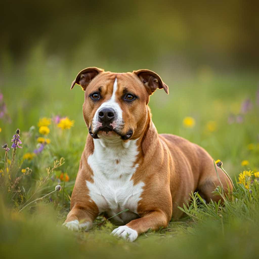 Staffordshire Terrier americano 1 American Staffordshire Terrier en una pradera con flores silvestres.