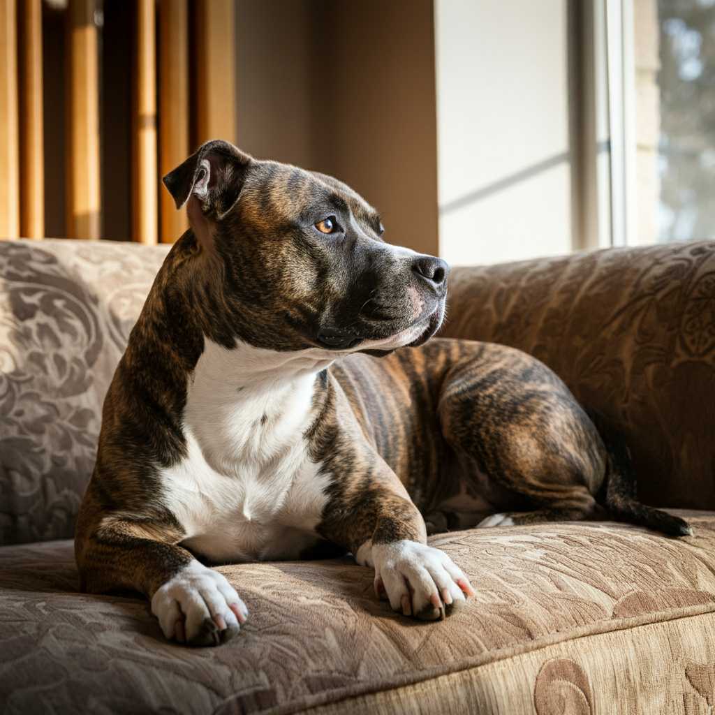 Staffordshire Terrier americano 9 American Staffordshire Terrier descansando en un sofá.