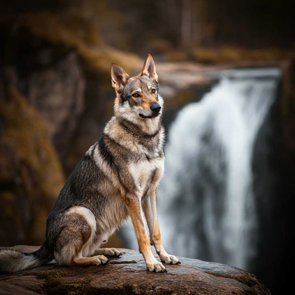 Perro lobo Checoslovaco 6 Perro lobo checoslovaco sentado frente a una cascada.