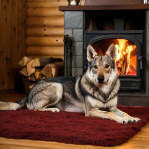 Perro lobo Checoslovaco 8 Perro lobo checoslovaco descansando frente a una chimenea.