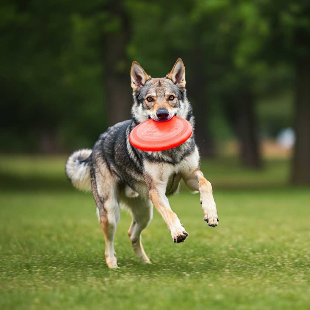 Perro lobo Checoslovaco 7 Perro lobo checoslovaco sosteniendo un frisbee en el hocico en un parque.