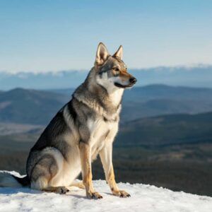 Perro lobo Checoslovaco 5 Perro lobo checoslovaco sentado sobre nieve en la cima de una montaña.