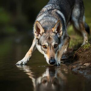 Perro lobo Checoslovaco 4 Perro lobo checoslovaco mirando su reflejo en el agua.