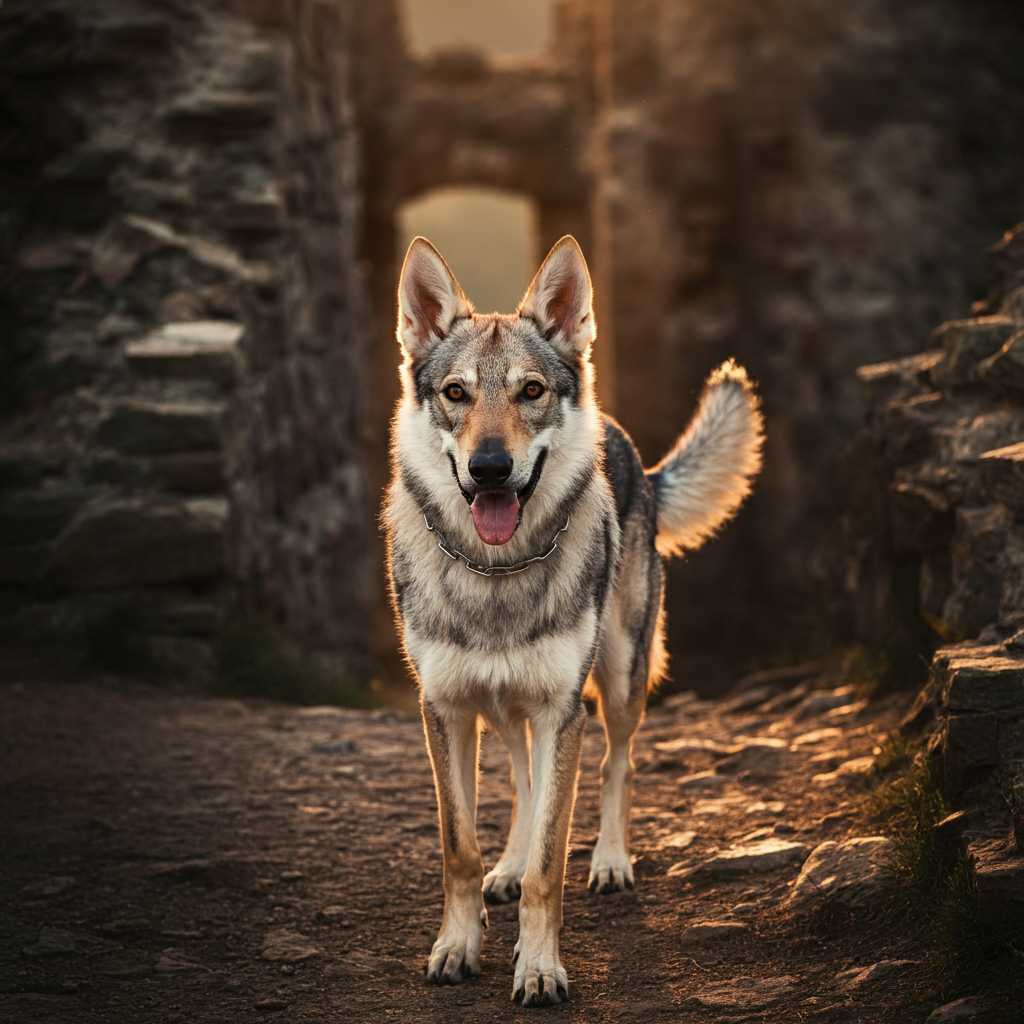 Perro lobo Checoslovaco 3 Perro lobo checoslovaco en ruinas históricas durante el atardecer.