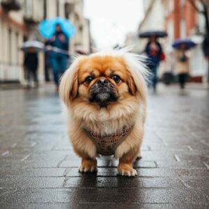Perro pequinés caminando por una calle mojada bajo la lluvia.