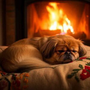 Perro pequinés durmiendo cerca de la chimenea.