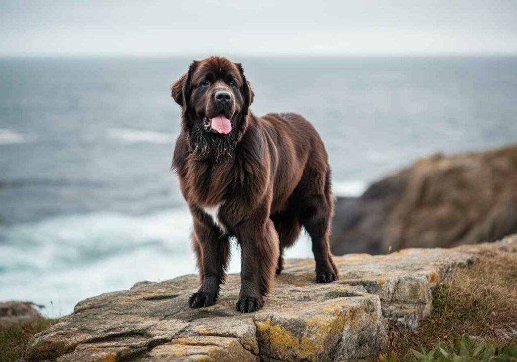Perro Terranova marrón de pie sobre un acantilado con el mar al fondo.