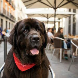 Perro Terranova marrón con un pañuelo rojo sentado en una terraza de cafetería.