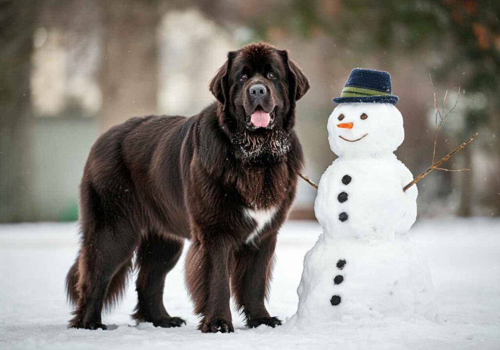 Perro Terranova marrón junto a un muñeco de nieve en un paisaje invernal.
