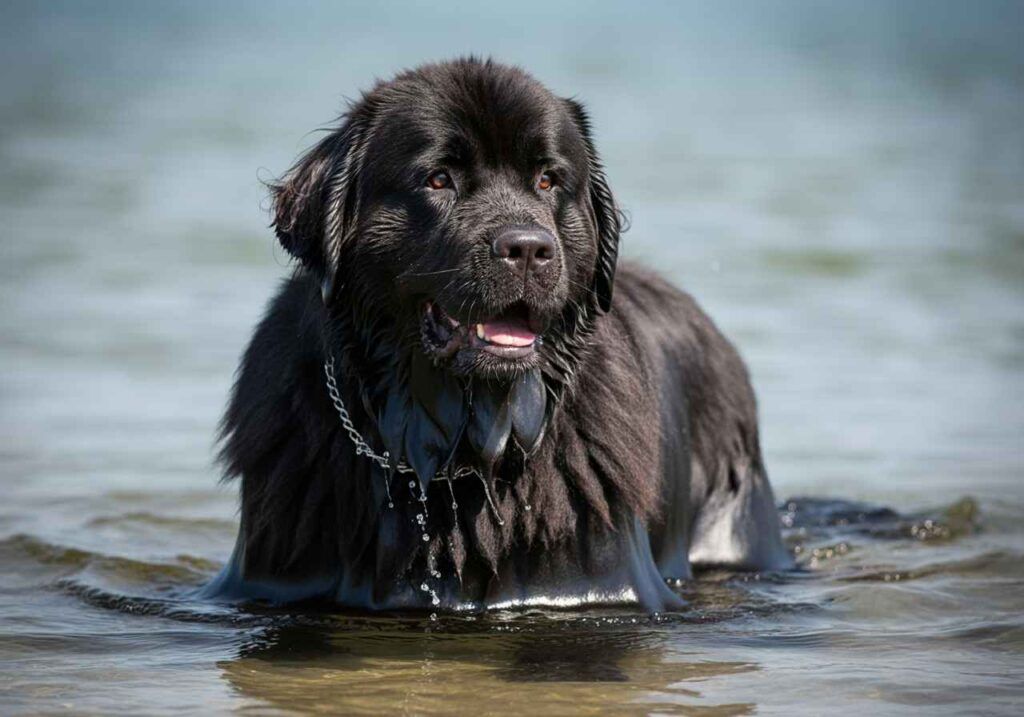 Perro Terranova negro nadando en un lago.