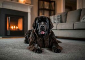 Perro Terranova marrón tumbado frente a una chimenea en un salón acogedor.