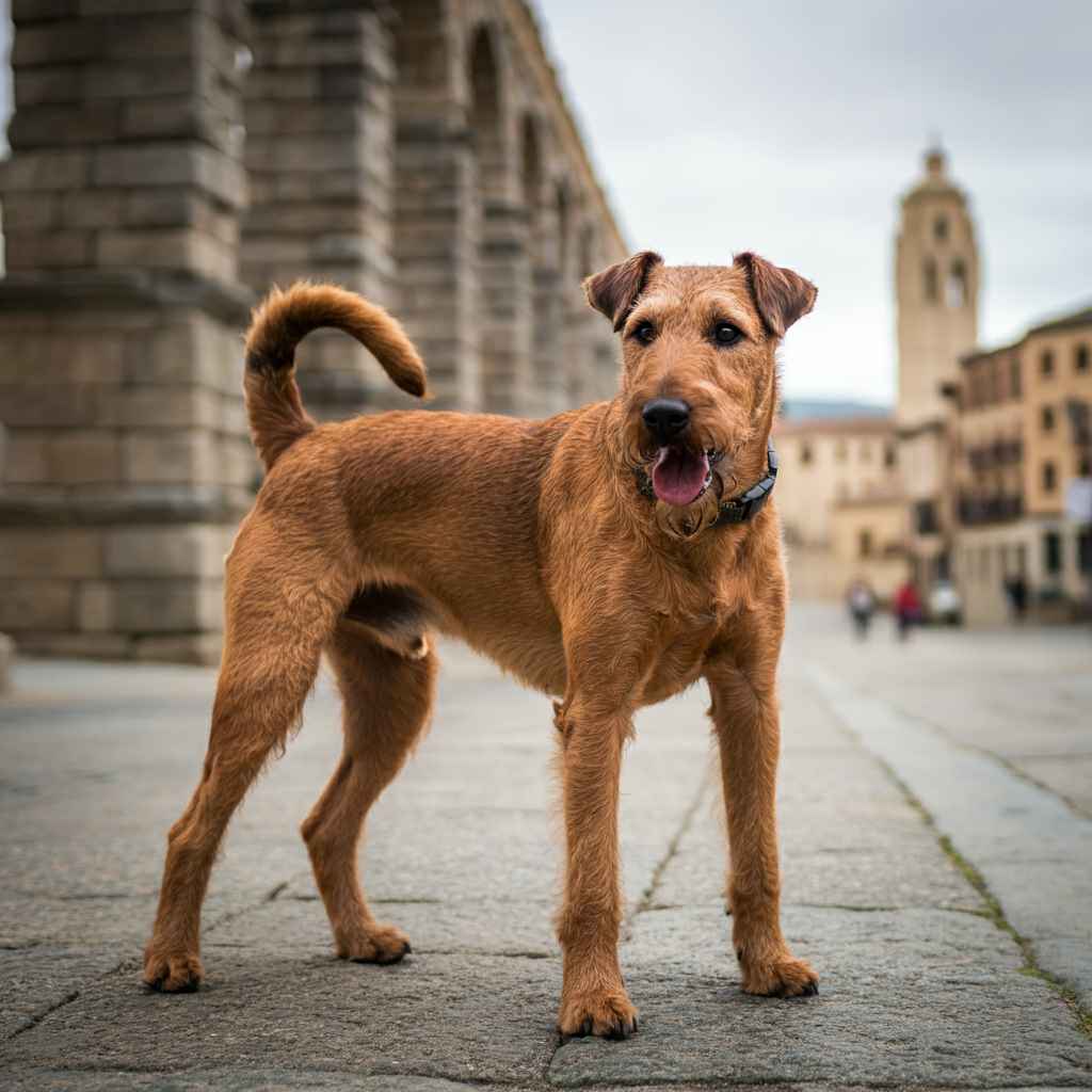 Terrier Irlandés 1 Terrier irlandés posando frente a un acueducto histórico.