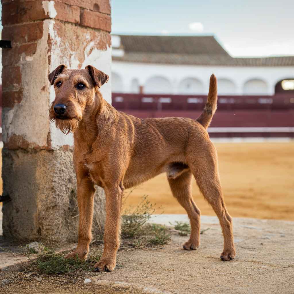 Terrier Irlandés 3 Terrier irlandés en una plaza de toros vacía.