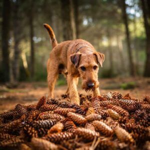 Terrier Irlandés 4 Terrier irlandés explorando un bosque con piñas en el suelo.