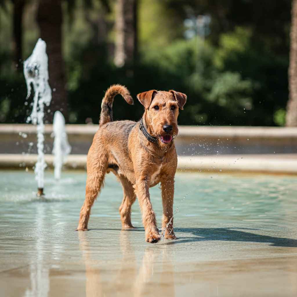 Terrier Irlandés 6 Terrier irlandés jugando cerca de una fuente en un parque.