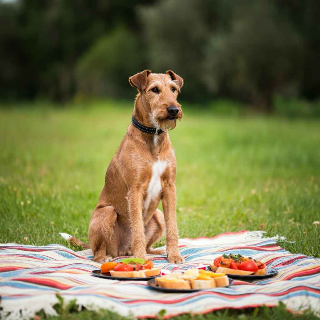 Terrier Irlandés 10 Terrier irlandés sentado en una manta de picnic con comida.