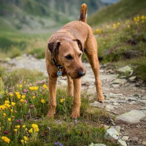 Terrier Irlandés 5 Terrier irlandés explorando un sendero con flores silvestres.