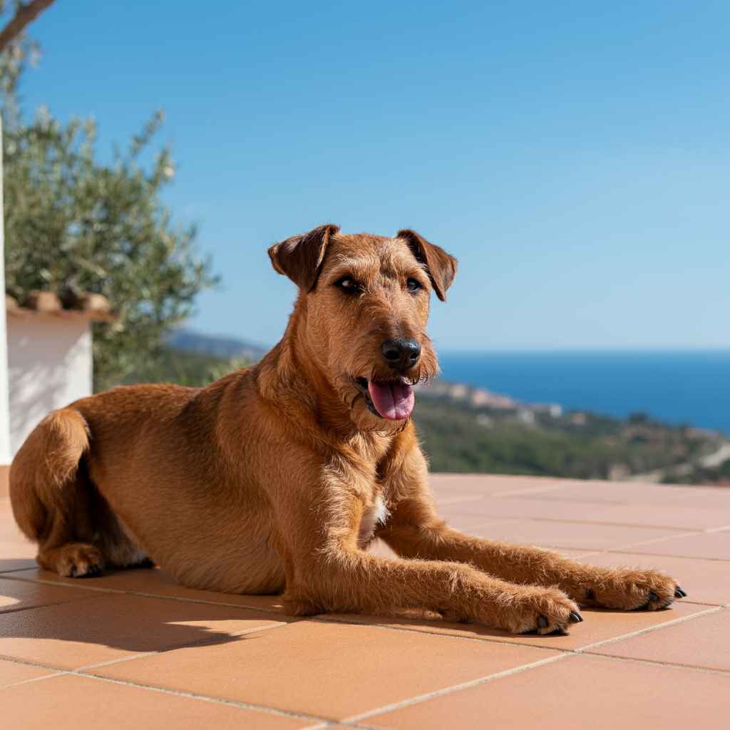 Terrier Irlandés 7 Terrier irlandés descansando en una terraza con vistas al mar.