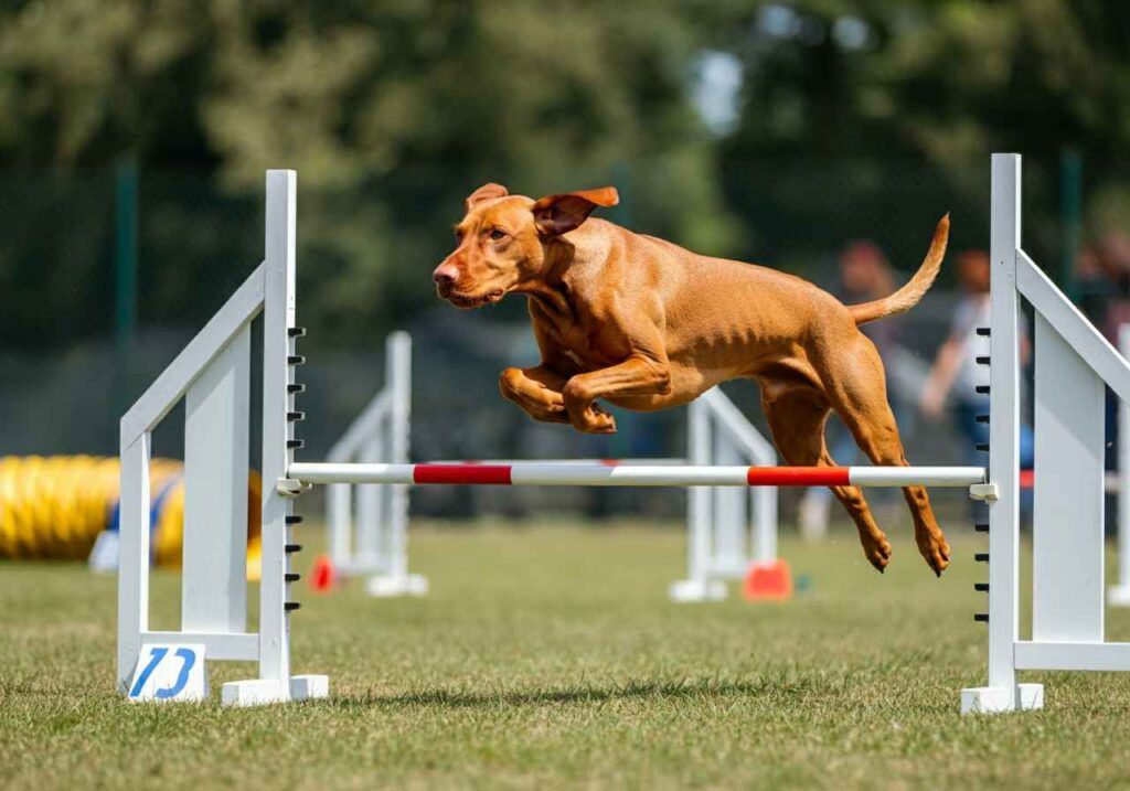 Perro Vizsla saltando sobre un obstáculo en una pista de agilidad.
