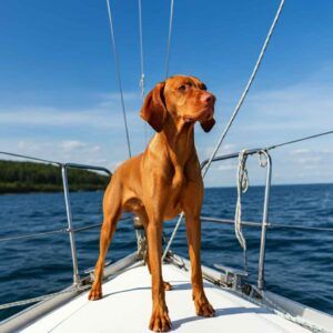 Perro Vizsla posando en la proa de un barco en el mar.