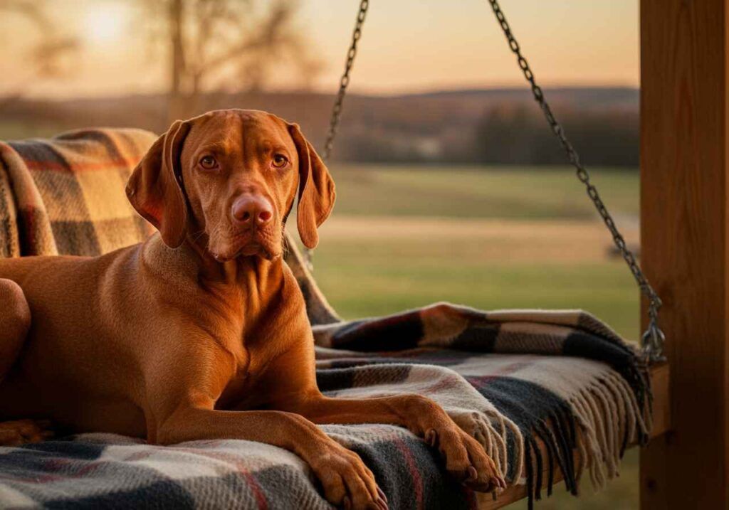 Perro Vizsla relajado en un columpio con una manta al atardecer.
